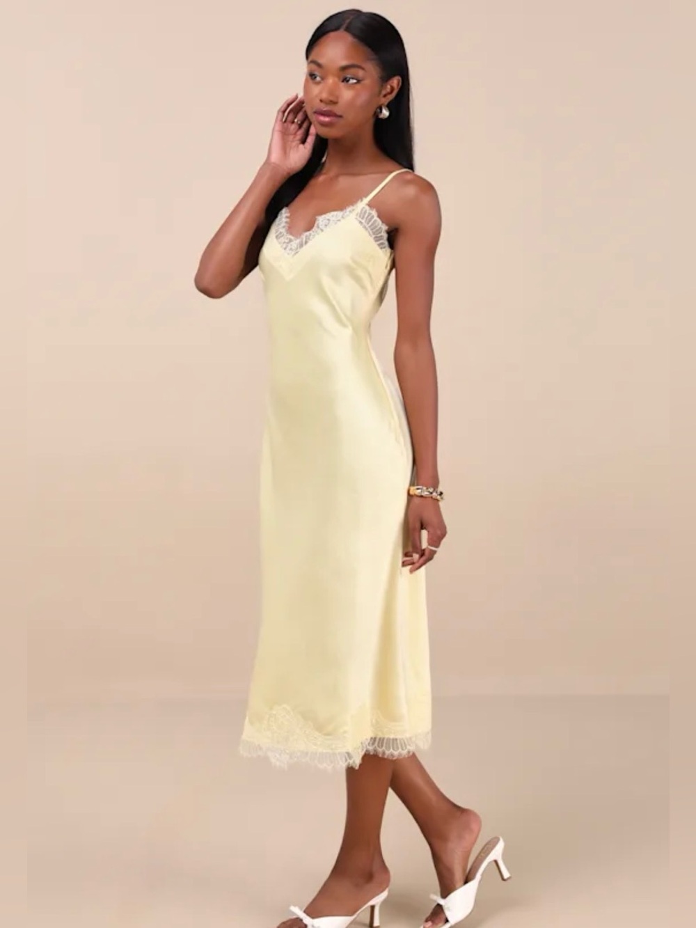 Lulus Lace-Trim Slip Dress in Pale Yellow